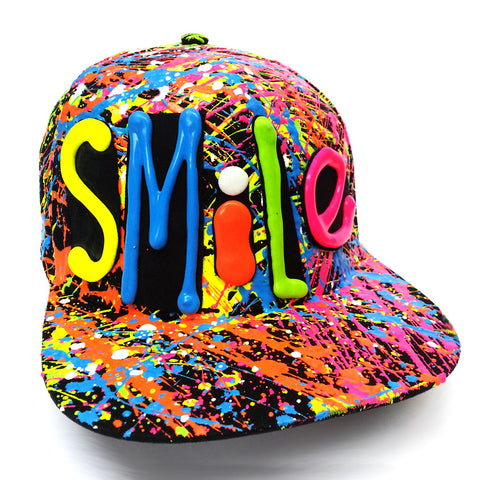COUCHUK - UV REACTIVE - SMILE  FLATPEAK CAP BLACK - Clubwear - PLUR - Rave clothing