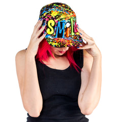 COUCHUK - UV REACTIVE - SMILE  FLATPEAK CAP BLACK - Clubwear - PLUR - Rave clothing