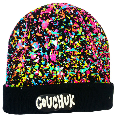 COUCHUK - UV REACTIVE - SPLATTERED BEANIE BLACK - NEON MULTI - Clubwear - PLUR - Rave clothing