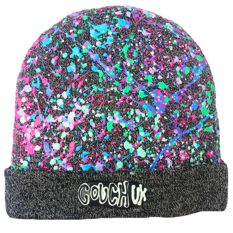 COUCHUK - UV REACTIVE - SPLATTERED BEANIE CHARCOAL GREY MARL - PASTEL MULTI - Clubwear - PLUR - Rave clothing