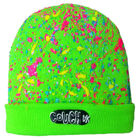 COUCHUK - UV REACTIVE - SPLATTERED BEANIE NEON GREEN - NEON MULTI - Clubwear - PLUR - Rave clothing