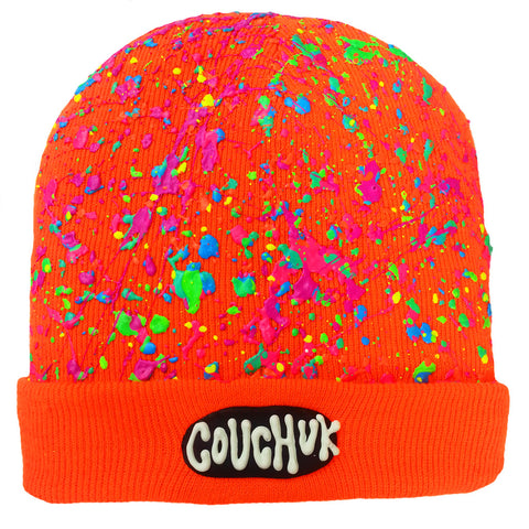 COUCHUK - UV REACTIVE - SPLATTERED BEANIE NEON ORANGE - NEON PASTEL MULTI - Clubwear - PLUR - Rave clothing