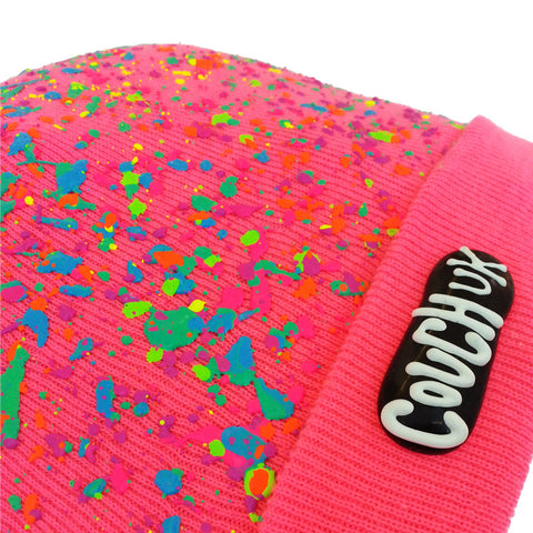 COUCHUK - UV REACTIVE - SPLATTERED BEANIE NEON PINK - PASTEL NEON MULTI - Clubwear - PLUR - Rave clothing