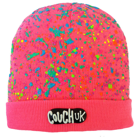 COUCHUK - UV REACTIVE - SPLATTERED BEANIE NEON PINK - PASTEL NEON MULTI - Clubwear - PLUR - Rave clothing