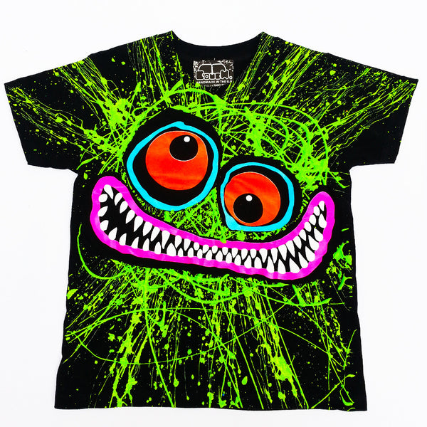 COUCHUK - UV REACTIVE - GREEN SCRIBBLE FACE KIDS T-SHIRT - Clubwear - PLUR - Rave clothing